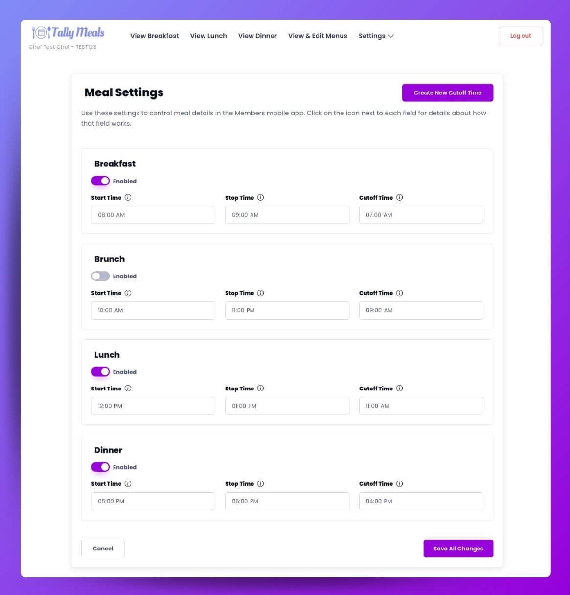 Meal Settings Dashboard